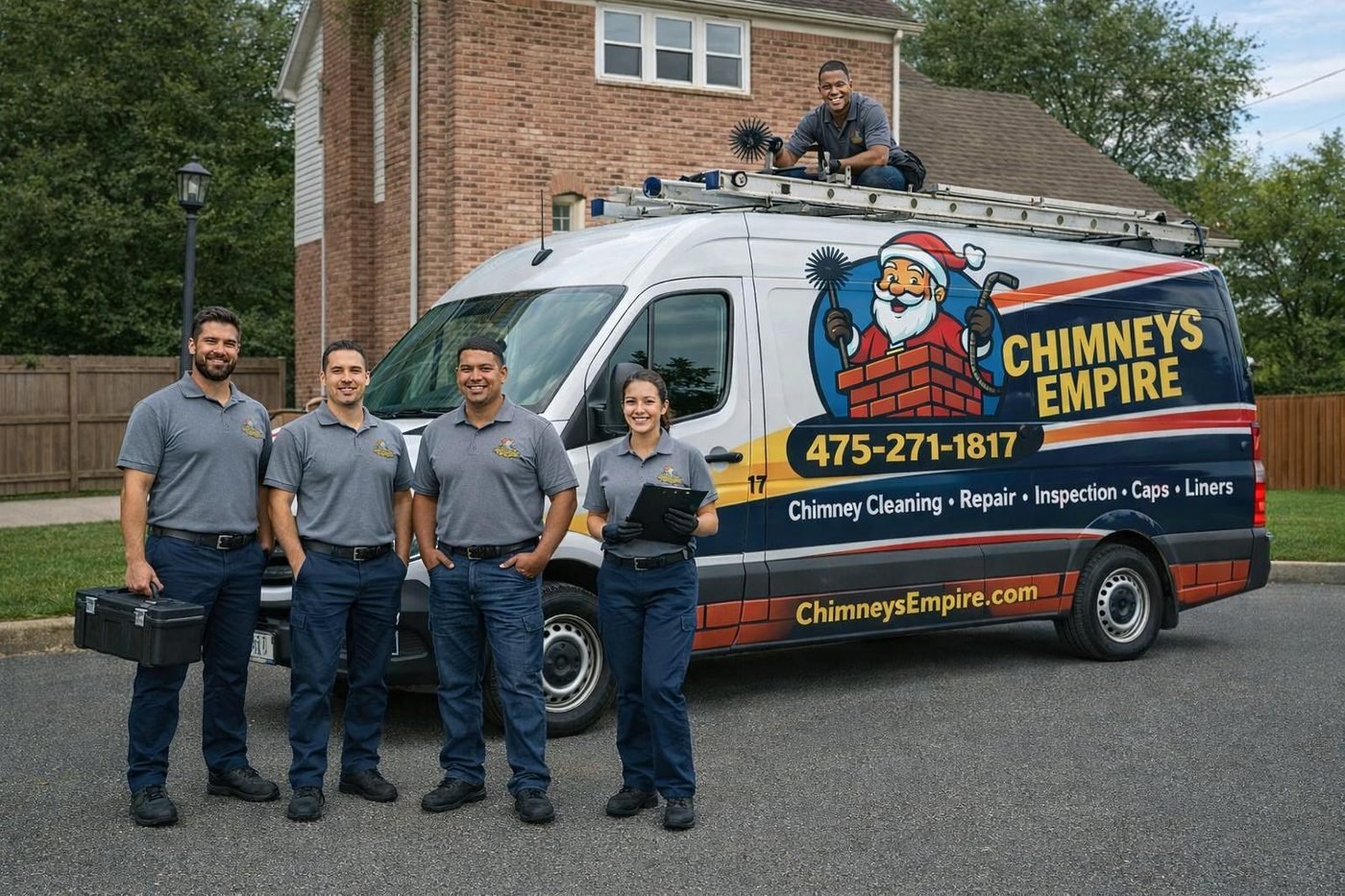 Chimneys Empire crew with branded service van — Connecticut's trusted chimney specialists